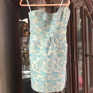 Strapless Floral Jacquard Mini Dress in Blue and White